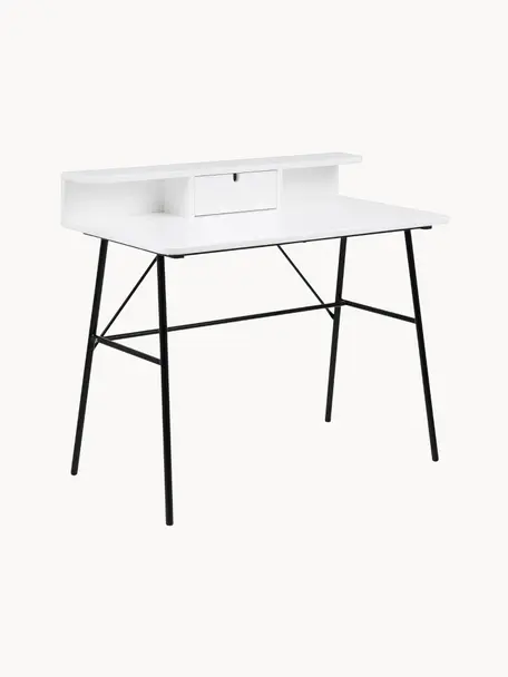 Schreibtisch Pascal mit Schublade, Beine: Metall, lackiert, Tischplatte und Aufbau: Mitteldichte Holzfaserpla, Weiß, B 100 x T 55 cm