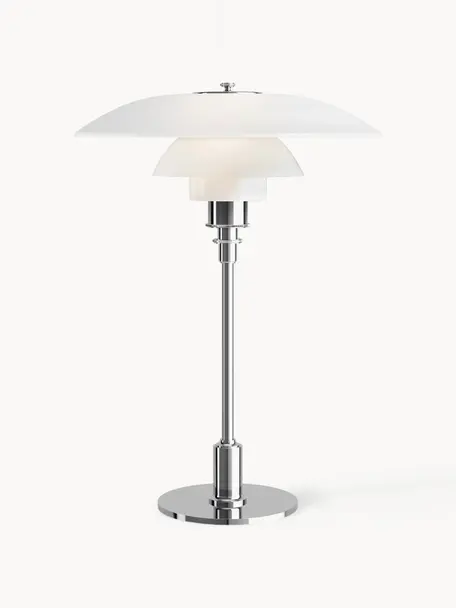 Lampa stołowa ze szkła dmuchanego PH 3½-2½, Stelaż: mosiądz chromowany, Odcienie srebrnego, biały, Ø 33 x 47 cm