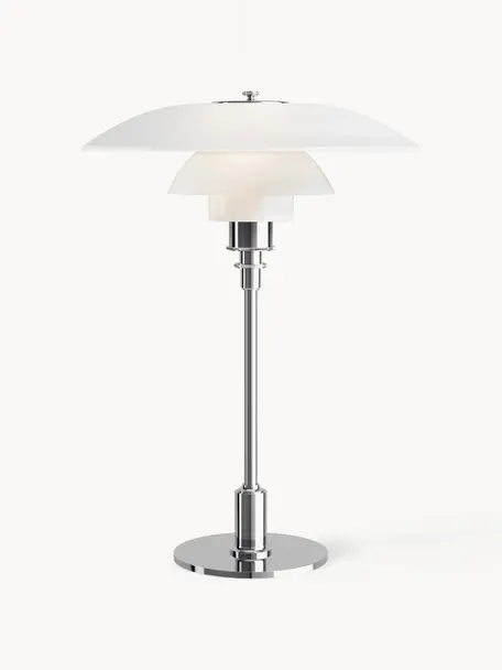 Lampada da tavolo grande in vetro soffiato PH 3½-2½, Paralume: vetro opalino soffiato a , Struttura: ottone cromato, Argentato, bianco, Ø 33 x Alt. 47 cm