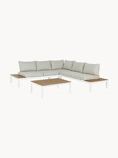 Set lounge de exterior Elias, 4 pzas., Estructura: aluminio con pintura en p, Asiento: madera contrachapada recu, Tejido beige claro, madera contrachapada, blanco, Set de diferentes tamaños