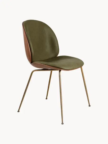 Chaise en similicuir Beetle, Cuir synthétique vert olive, noyer, doré mat, larg. 56 x prof. 58 cm