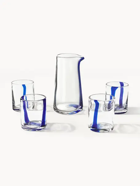 Mundgeblasene Wasserkaraffe Taha mit Wassergläsern, 5er-Set, Transparent mit royalblauem Dekor, Set mit verschiedenen Grössen