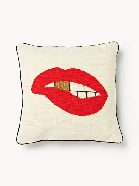 Ręcznie wykonana poduszka dekoracyjna z wełny Lips Bitten, Kremowobiały, czerwony, S 45 x D 45 cm