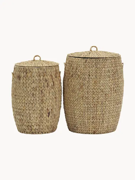 Set de cestas con tapadera Laun, 2 uds., Cesta: jacintos de agua, Estructura: alambre de acero, Beige, Set de diferentes tamaños