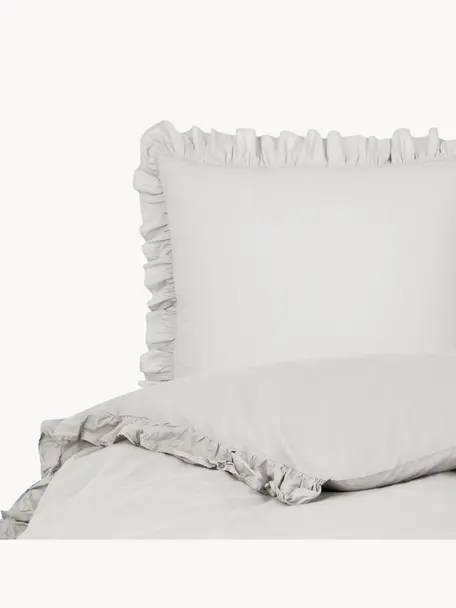 Gewaschene Baumwollperkal-Bettwäsche Florence mit Rüschen, Webart: Perkal Fadendichte 180 TC, Hellgrau, 155 x 220 cm + 1 Kissen 80 x 80 cm