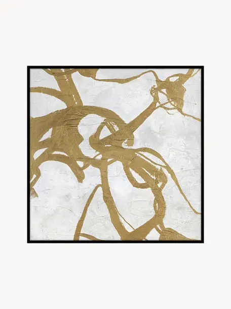 Quadero su tela dipinto a mano con cornice in legno Goldplay, Cornice: legno di quercia, rivesti, Dorato, grigio chiaro, Larg. 102 x Alt. 102 cm