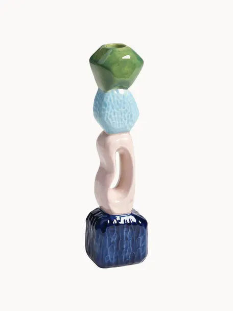 Candelabro Crafty, Gres smaltato, Blu scuro, rosa chiaro, azzurro, verde, Larg. 6 x Alt. 26 cm