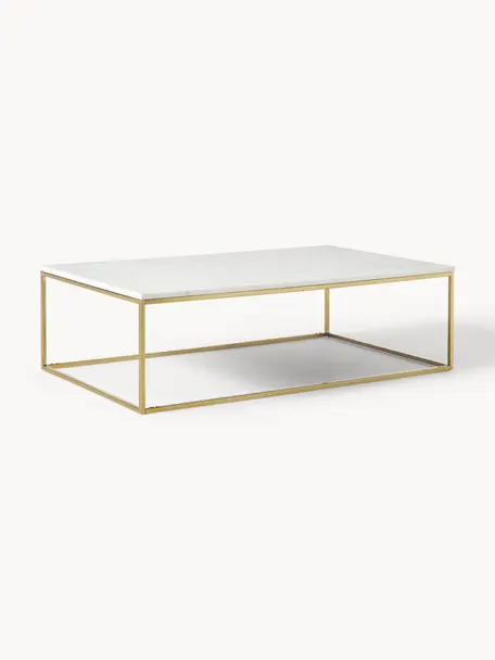 Grande table basse en marbre Alys, Blanc marbré, doré, larg. 120 x prof. 75 cm