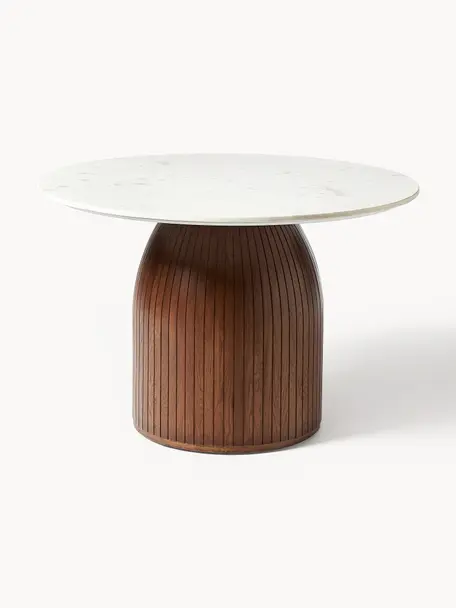 Table ronde avec plateau en marbre Nelly, Ø 115 cm, Blanc marbré, manguier foncé, Ø 24 x haut. 8 cm