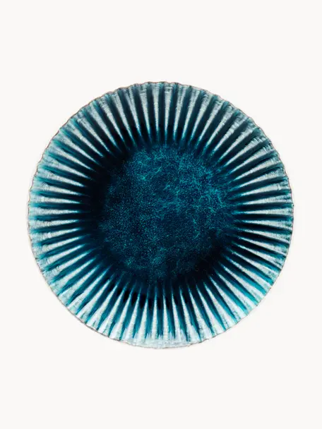 Platos postre artesanales Mustique, 4 uds., Cerámica de gres esmaltada, Turquesa, azul oscuro, blanco, Ø 21 cm