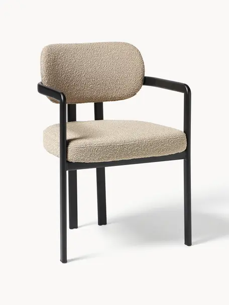 Sillón en tejido bouclé Adrien, Tapizado: tejido bouclé (100% polié, Patas: metal recubierto, Bouclé beige, negro, An 56 x F 56 cm