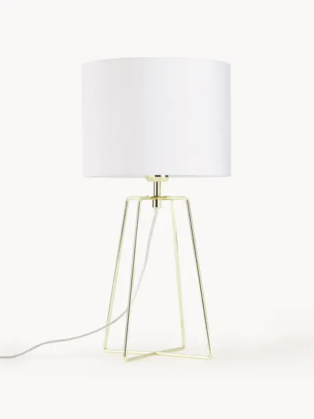 Lampada da tavolo Karolina-Gold, Paralume: cotone, Base della lampada: metallo ottonato, Bianco, dorato, Ø 25 x Alt. 49 cm