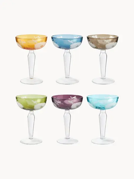 Set 6 coppe da champagne Peony, Vetro, Multicolore, Ø 10 x Alt. 15 cm, 150 ml