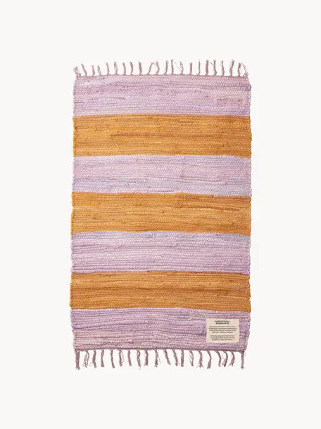 Handgewebter Baumwollteppich Chindi mit Fransen, 100 % Baumwolle, Lavendel, Orange, B 60 x L 90 cm (Grösse XXS)