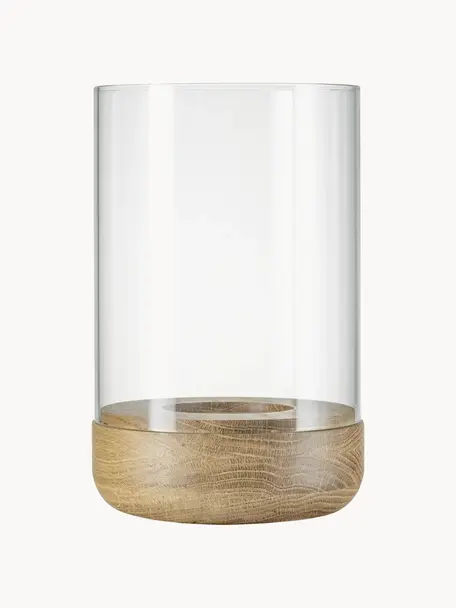Photophore en verre Lanto, haut. 20 cm, Transparent, bois clair, Ø 12 x haut. 20 cm