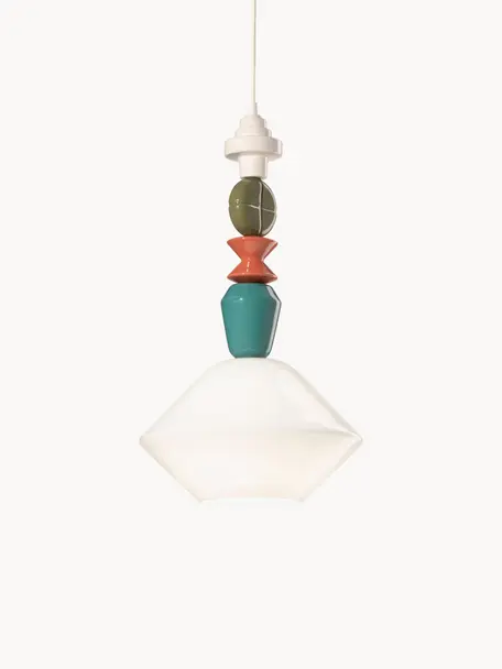 Lámpara de techo artesanal de diseño Lariat, Pantalla: vidrio, Anclaje: aluminio con pintura en p, Cable: cubierto en tela, Off White, azul, Ø 31 x Al 56 cm