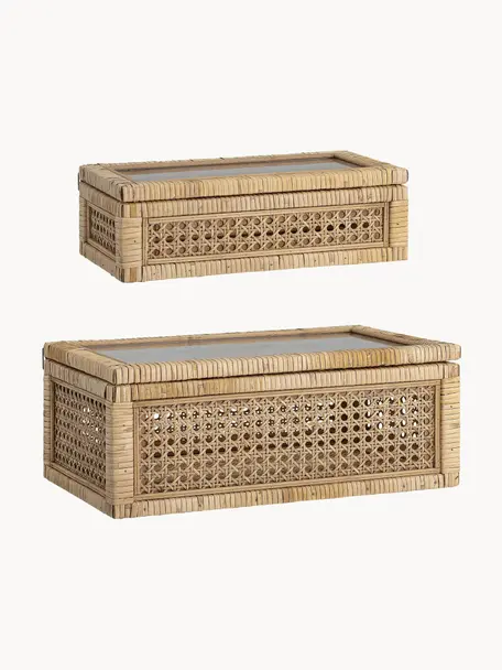 Schmuckboxen Talina, 2er-Set, Box: Rattan, Holz, Deckel: Glas, Braun, Set mit verschiedenen Größen