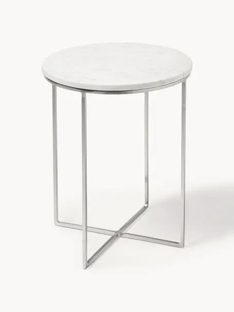 Okrągły stolik pomocniczy z marmuru Alys, Blat: marmur, Stelaż: metal malowany proszkowo, Biały, marmurowy, odcienie srebrnego, Ø 40 x W 50 cm
