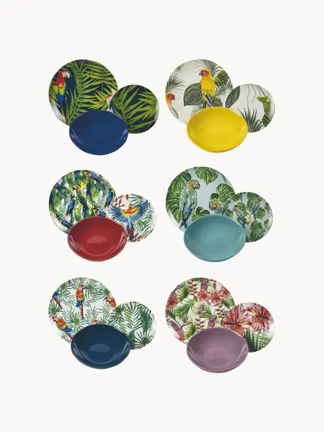 Sada nádobí z porcelánu Parrot Jungle, pro 6 osob (18 dílů), Porcelán, Zelená, více barev, se vzorem, Sada s různými velikostmi