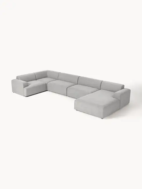 Sofa narożna XL Melva, Tapicerka: 100% poliester Dzięki tka, Stelaż: lite drewno sosnowe i świ, Nogi: tworzywo sztuczne Ten pro, Jasnoszara tkanina, S 458 x G 220 cm, lewostronna