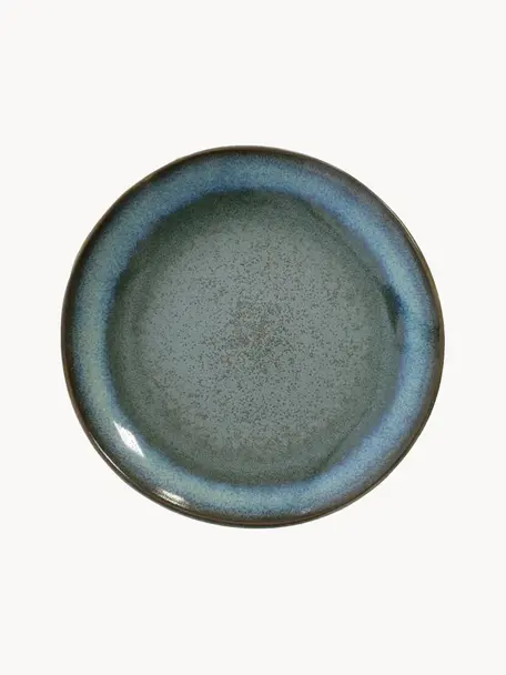 Handgemachte Kuchenteller 70's, 2 Stück, Steingut, Graublau- und Salbeigrüntöne, Ø 18 cm