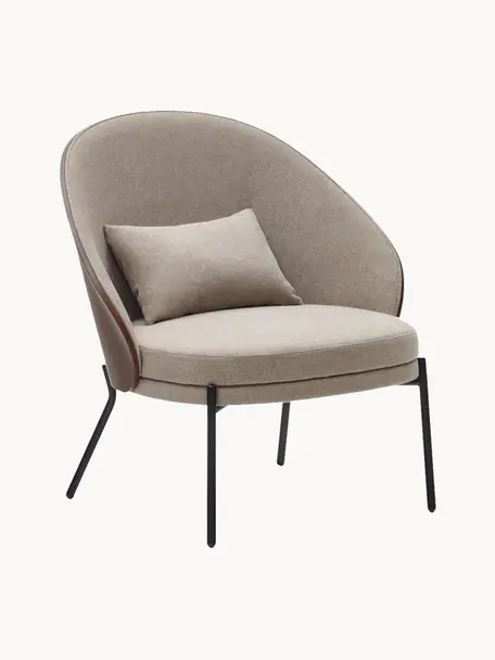 Chenille lounge fauteuil Eamy, Bekleding: chenille (100% polyester), Poten: gegalvaniseerd metaal, Chenille beige, zwart, B 78 x D 72 cm