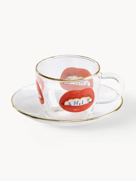 Kaffeetasse Toiletpaper mit Untertasse, Rand: Gold, Rote Lippen mit Aufschrift, Ø 7 x H 5 cm, 110 ml