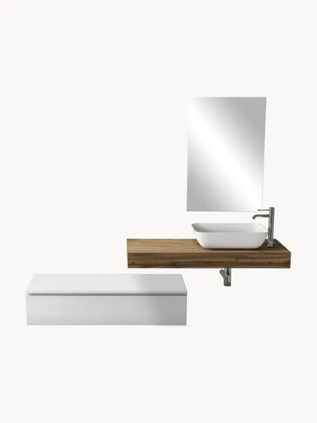Waschtisch-Set Yoka, 4-tlg., Platte: Mitteldichte Holzfaserpla, Spiegelfläche: Spiegelglas, Rückseite: ABS-Kunststoff, Weiß, Eichenholz-Optik, Set mit verschiedenen Größen
