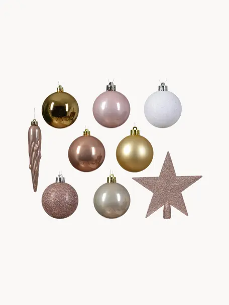 Weihnachtsbaumschmuck Starstruck, 33er-Set, Kunststoff, Weiss, Goldfarben, Rosatöne, Set mit verschiedenen Grössen