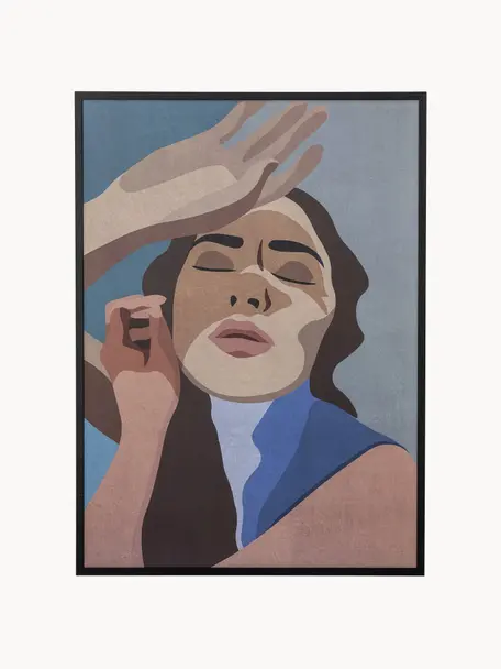 Gerahmter Digitaldruck Lady, Rahmen: Kiefernholz, lackiert, Bild: Digitaldruck auf Papier, Front: Glas, Blautöne, Beige, Schwarz, B 52 x H 72 cm