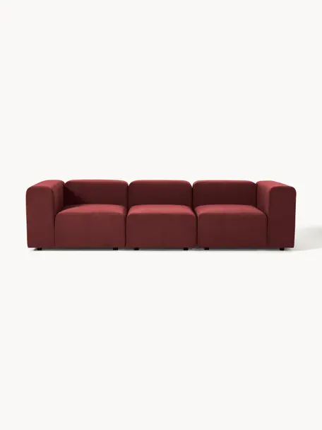 Divano componibile 4 posti in velluto Lena, Rivestimento: velluto (100% poliestere), Struttura: legno di pino, legno lami, Piedini: plastica, Velluto rosso vino, Larg. 284 x Prof. 106 cm