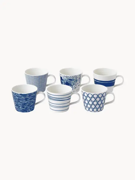 Set di 6 tazze in porcellana Pacific Blue, Porcellana, Bianco, blu scuro, Ø 10 x Alt. 9 cm, 400 ml