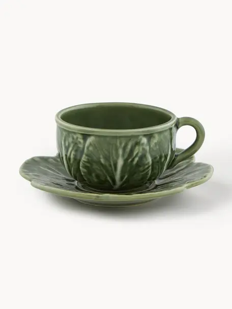 Tasses avec sous-tasses Cabbage, 2 pièces, Grès cérame, Vert foncé, Ø 10 x haut. 6 cm, 120 ml