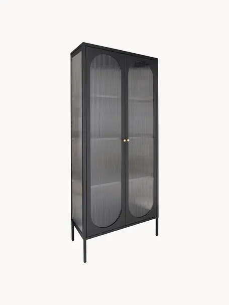 Eichenholz-Vitrine Adelaide mit Rillenglas, Eichenholz, schwarz lackiert, B 80 x H 180 cm