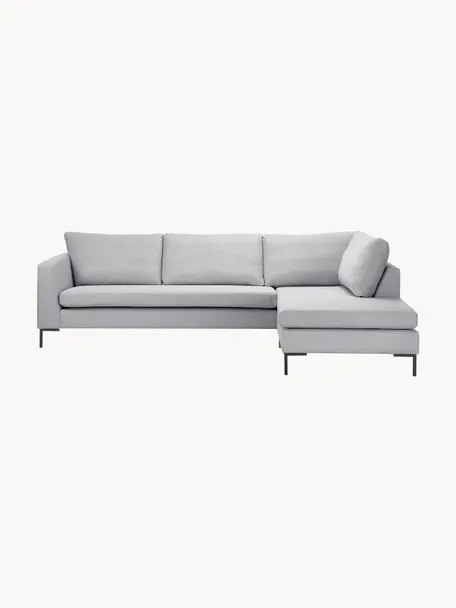 Divano angolare Luna, Rivestimento: 100% poliestere Il rivest, Struttura: legno massiccio di faggio, Piedini: metallo zincato, Tessuto grigio chiaro, Larg. 280 x Prof. 184 cm, chaise-longue a destra
