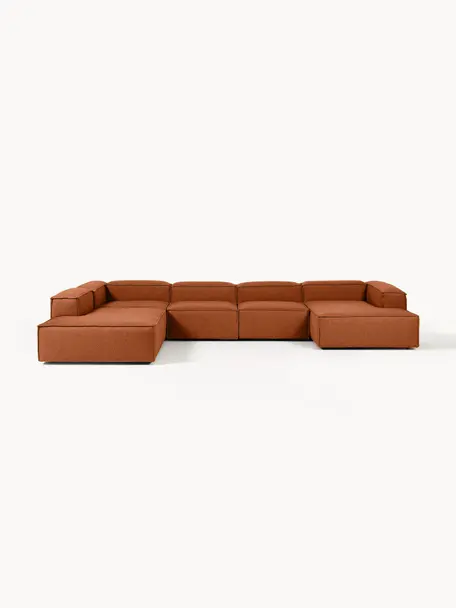 Canapé lounge modulable Lennon, Tissu terracotta, larg. 418 x prof. 269 cm, méridienne à gauche