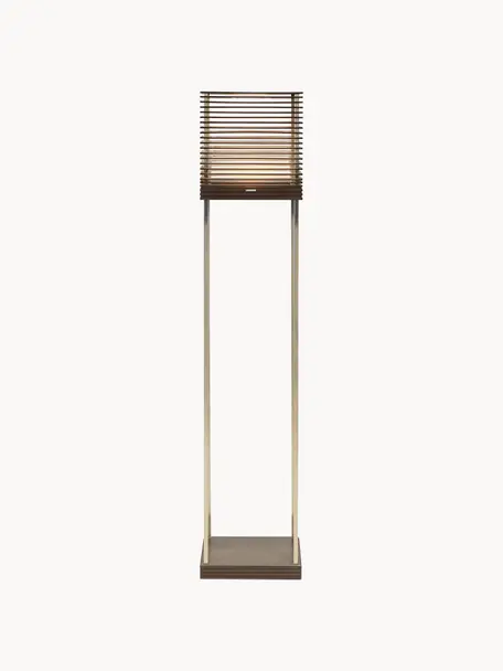 Kleine LED vloerlamp Miya, dimbaar, Decoratie: gecoat metaal, Licht hout, goudkleurig, H 145 cm