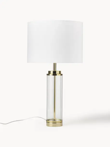 Grote glamoureuze tafellamp Gabor met glazen voet, Lampenkap: textiel, Lampvoet: metaal, glas, Wit, goudkleurig, Ø 35 x H 64 cm