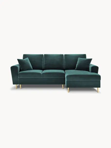 Divano letto angolare 3 posti in velluto con contenitore Moghan, Rivestimento: 100% velluto di poliester, Struttura: legno di pino massiccio, , Piedini: metallo rivestito, Velluto petrolio, dorato, Larg. 241 x Prof. 145 cm, chaise-longue a sinistra
