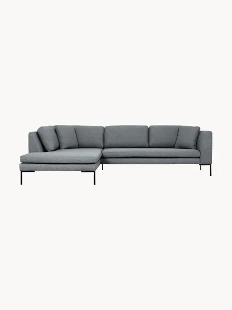 Sofa narożna z metalowymi nogami Emma, Tapicerka: poliester, Stelaż: lite drewno sosnowe z cer, Nogi: metal malowany proszkowo, Ciemnoszara tkanina, S 302 x G 220 cm, lewostronna