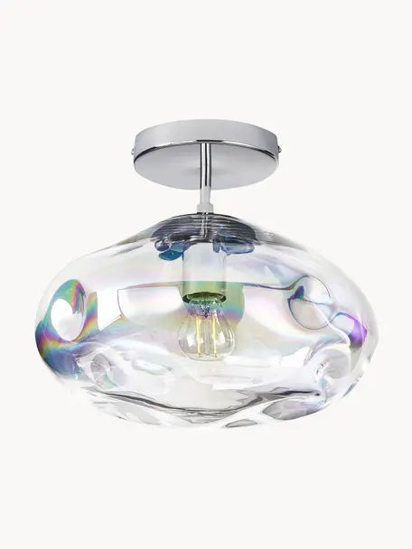 Deckenleuchte Amora aus irisierendem Glas, Lampenschirm: Glas, Baldachin: Metall, gebürstet, Irisierend, Silberfarben, Ø 35 x H 28 cm