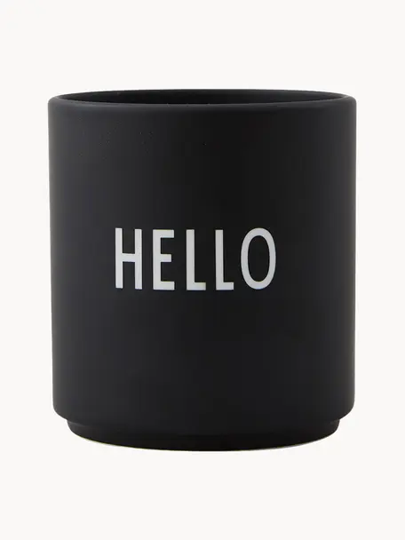 Design beker Favourite HELLO met opschrift, Beenderporselein (porselein)
Fine Bone China is een zacht porselein, dat zich vooral onderscheidt door zijn briljante, doorschijnende glans., Zwart (Hello), Ø 8 x H 9 cm, 250 ml