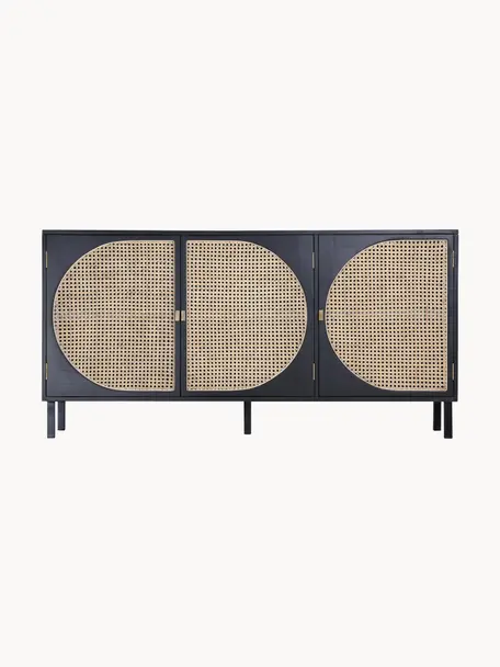 Credenza fatta a mano in legno Sungkai con intreccio viennese Lizzie, Piedini: metallo verniciato a polv, Maniglie: ottone rivestito, Nero, rattan, Larg. 160 x Alt. 81 cm