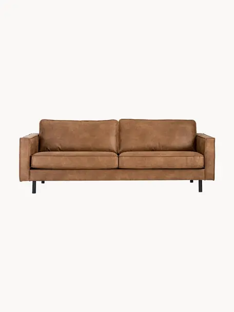 Sofa ze skóry z recyklingu Hunter (3-osobowa), Tapicerka: skóra z recyklingu (70% s, Stelaż: lite drewno sosnowe, płyt, Nogi: metal malowany proszkowo , Brązowa skóra, S 219 x G 90 cm