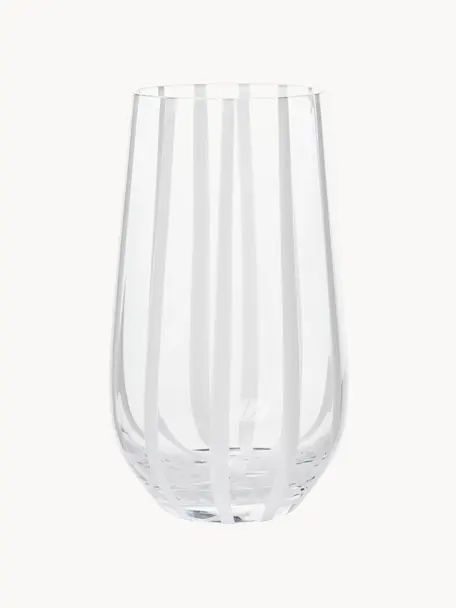 Mundgeblasenes Wasserglas Stripe, Glas, mundgeblasen, Transparent, Weiss, Ø 9 x H 15 cm, 550 ml
