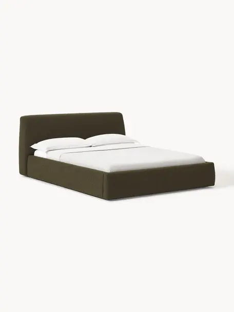 Čalouněná bouclé postel s úložným prostorem Cloud, Olivově zelená, Š 140 cm, D 200 cm