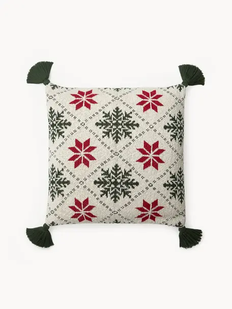 Federa arredo in maglia con motivo natalizio Starry, 100 % cotone, Verde, rosso, bianco, Larg. 50 x Lung. 50 cm