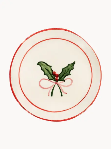 Ręcznie malowany talerz śniadaniowy Holly Jolly, Ceramika, Złamana biel, ciemny zielony, czerwony, Ø 22 cm