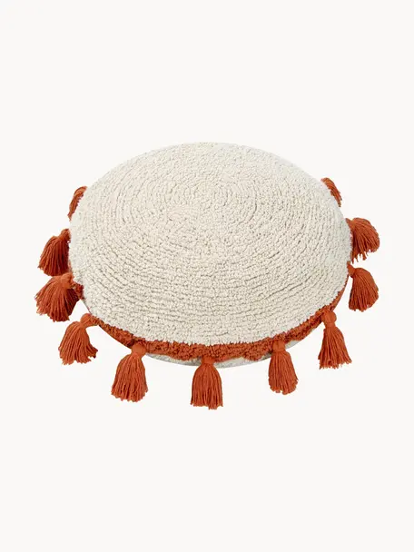 Ręcznie wykonana poduszka-przytulanka z frędzlami Circle, Tapicerka: 97% bawełna, 3% pozostałe, Kremowobiały, pomarańczowy, Ø 48 cm