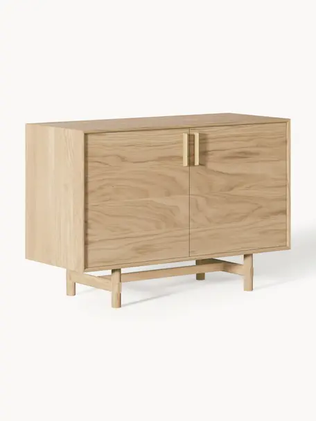 Aparador pequeño de madera de roble Diana, Estructura: aglomerado chapado de rob, Patas: madera de roble maciza, Madera clara, An 110 x Al 76 cm